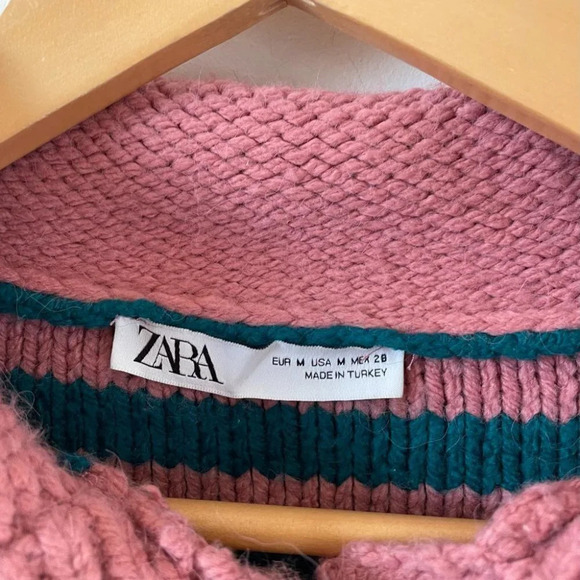 Zara Blogger Fave Striped Textured Knit Peter Pan Collared Sweater Pink & Teal M - Picture 8 of 10